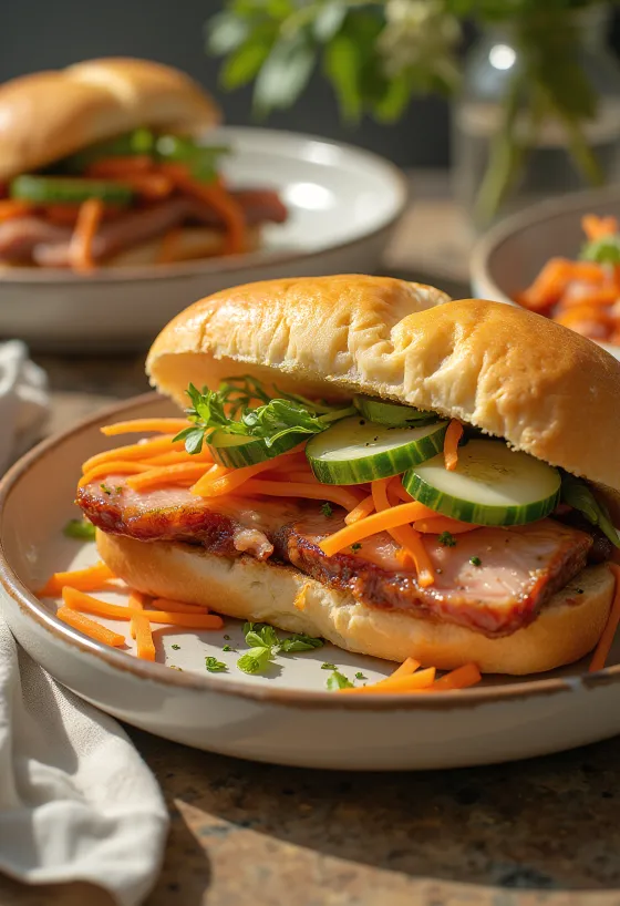 Бан ми са сиу, поданный с китайской свининой барбекю, свежими овощами и кинзой