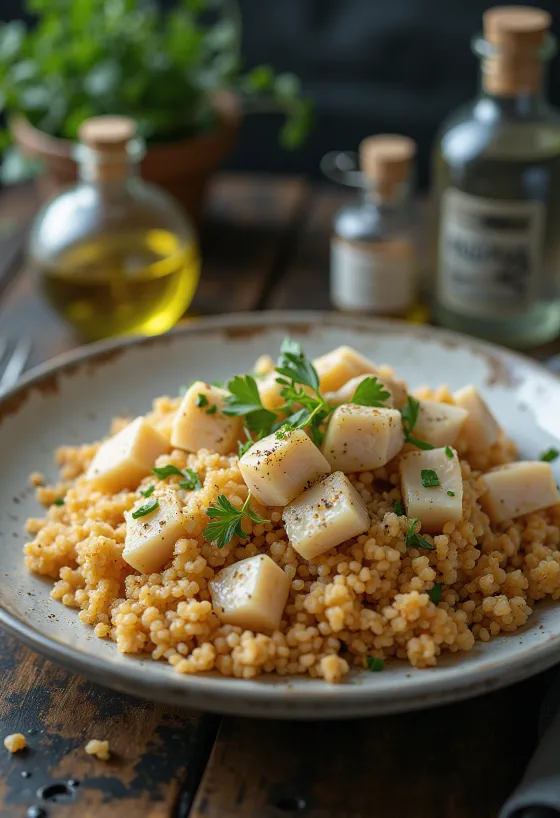 Харис с рыбой, поданный с булгуром и свежей кинзой