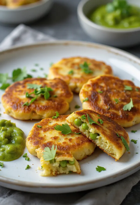 Алу Тикки с начинкой из зеленого горошка, золотистые тикки при подаче