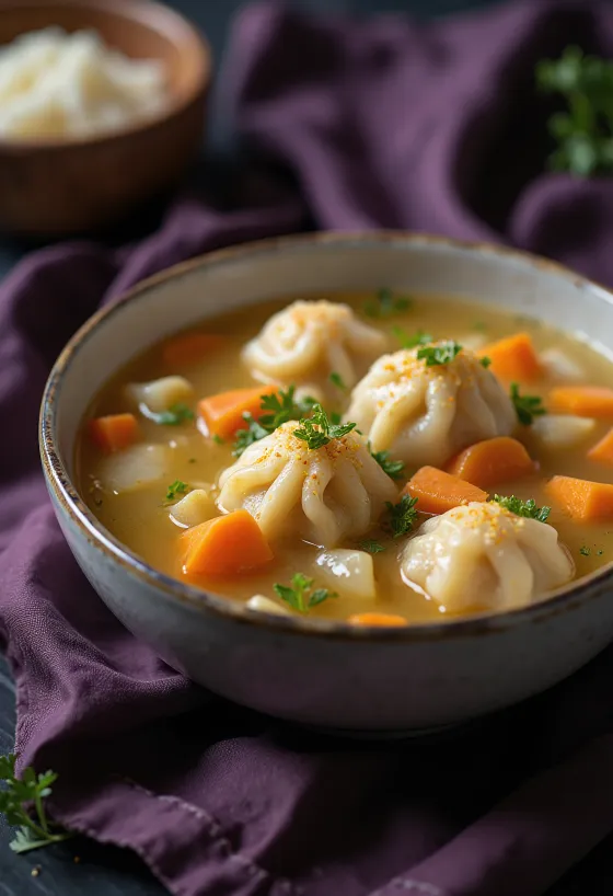 Горячий суп с клецками, овощами и мягкими домашними клецками, поданный в глубокой тарелке.