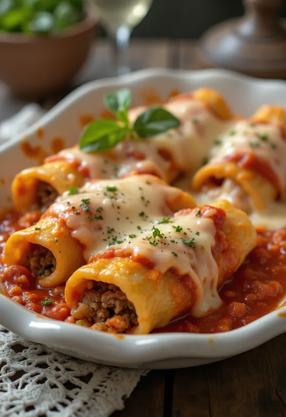 Каннеллони с мясом, поданные с томатным соусом и расплавленным сыром