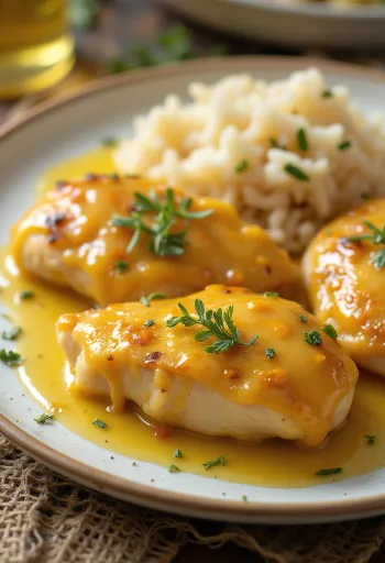 Сочная куриная грудка в медово-горчичном соусе, обжаренная до хрустящей корочки, подается со свежими овощами.