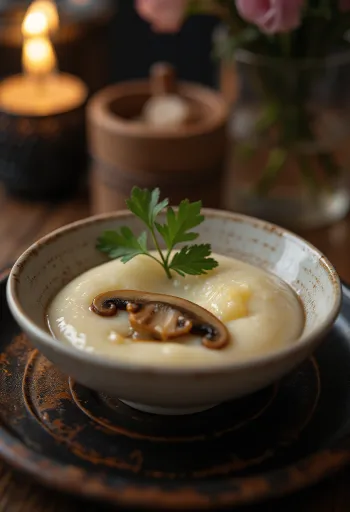 Чаван-муши с грибами шиитаке, паровой яичный пудинг с ломтиками грибов