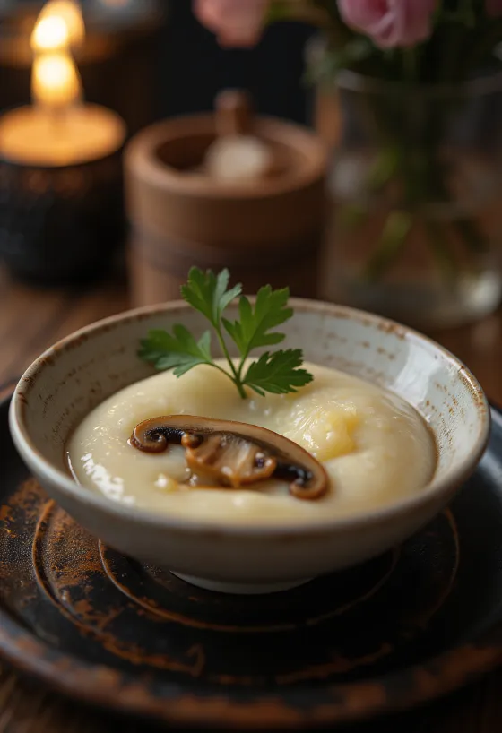 Чаван-муши с грибами шиитаке, паровой яичный пудинг с ломтиками грибов