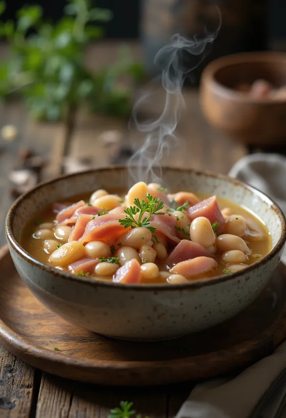 Копченая ветчина с фасолью, украшенная свежей петрушкой