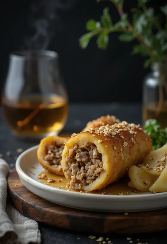 Хаггис, поданный с отварным картофелем и репой