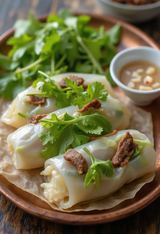Фо куон с чесночным соусом, свежие рулетики из рисовой бумаги с жареным мясом и овощами