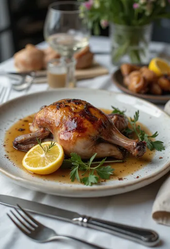 Запеченный голубь с розмарином, сервировка