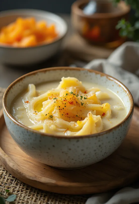 Кремовая тушеная тыква с укропом и сметаной, поданная со свежей хрустящей булочкой.