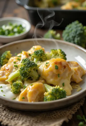 Запеканка с курицей и брокколи с сочным филе куриной грудки и расплавленным сыром сверху