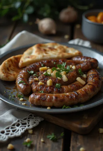Чевапчичи с чесноком, свежеобжаренные и красивые золотисто-коричневые, поданные на хлебе пита