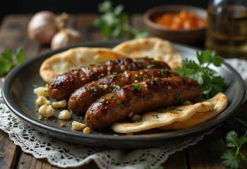 Чевапчичи с чесноком, свежеобжаренные и красивые золотисто-коричневые, поданные на хлебе пита