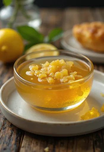 Медово-лимонная глазурь с имбирем в миске, украшенная ломтиками лимона и имбирем