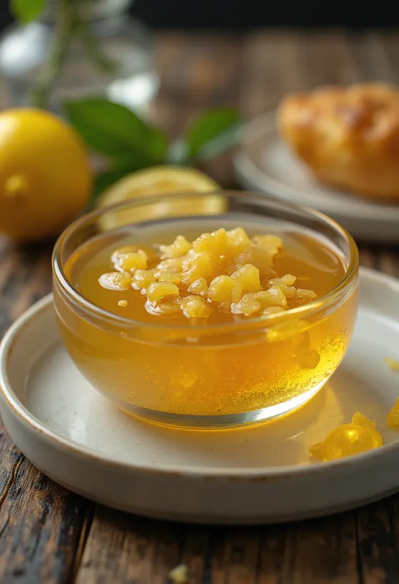 Медово-лимонная глазурь с имбирем в миске, украшенная ломтиками лимона и имбирем