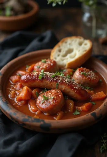 Лечо с жареными колбасками, поданное со свежим хлебом