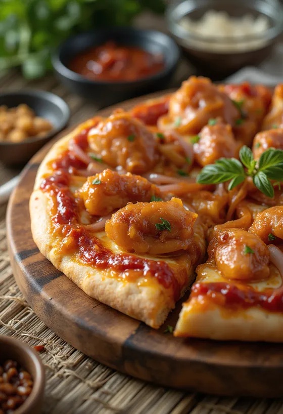 Пицца барбекю с курицей гриль и красным луком