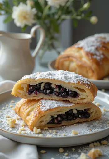 Свежеиспеченный штрудель с маком с хрустящим тестом, нарезанный ломтиками и посыпанный сахарной пудрой.