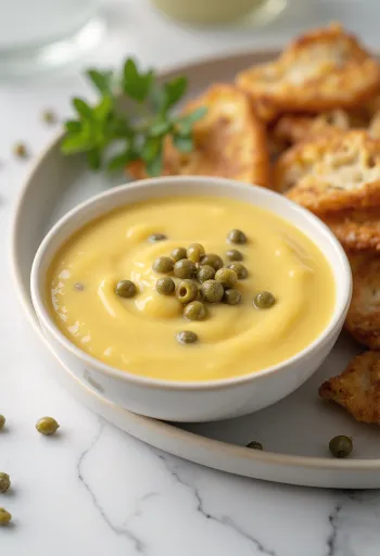 Медово-горчичный соус с каперсами в миске, украшенный каперсами и свежей петрушкой