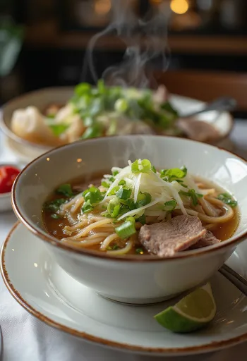 Фо с говядиной, поданный в миске, суп с рисовой лапшой и говядиной, со свежим кориандром и дольками лайма