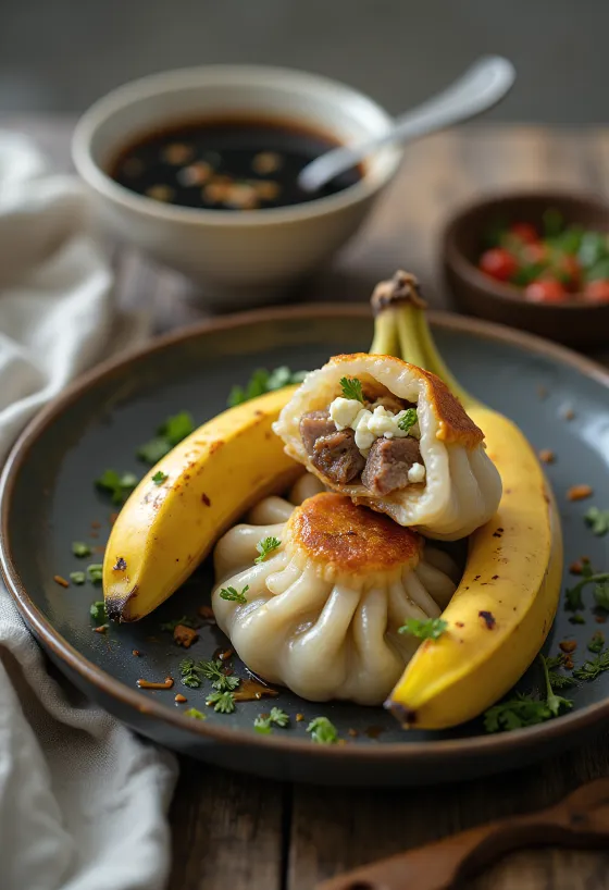 Тушеный цзунцзы с копченой мясной начинкой и украшенный свежей кинзой