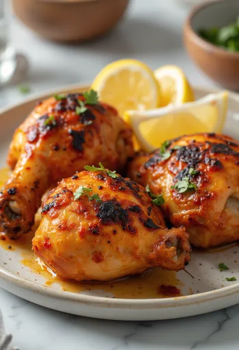 Курица Тандури, запеченная в йогуртовом маринаде, подается со свежей зеленью