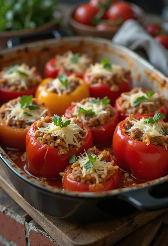 Фаршированный перец с говяжьим фаршем, сервировка