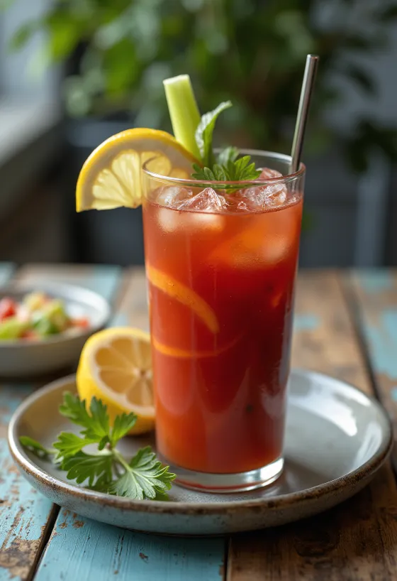 Коктейль Кровавая Мэри, украшенный стеблем сельдерея и долькой лимона