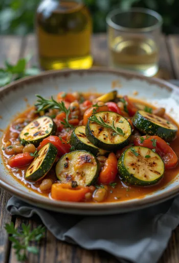 Капоната с овощами гриль, оливками и томатным соусом