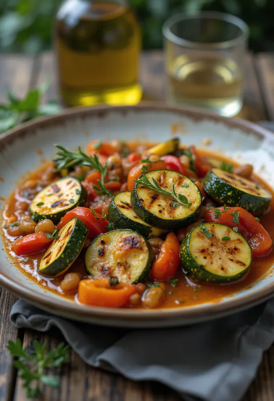 Капоната с овощами гриль, оливками и томатным соусом