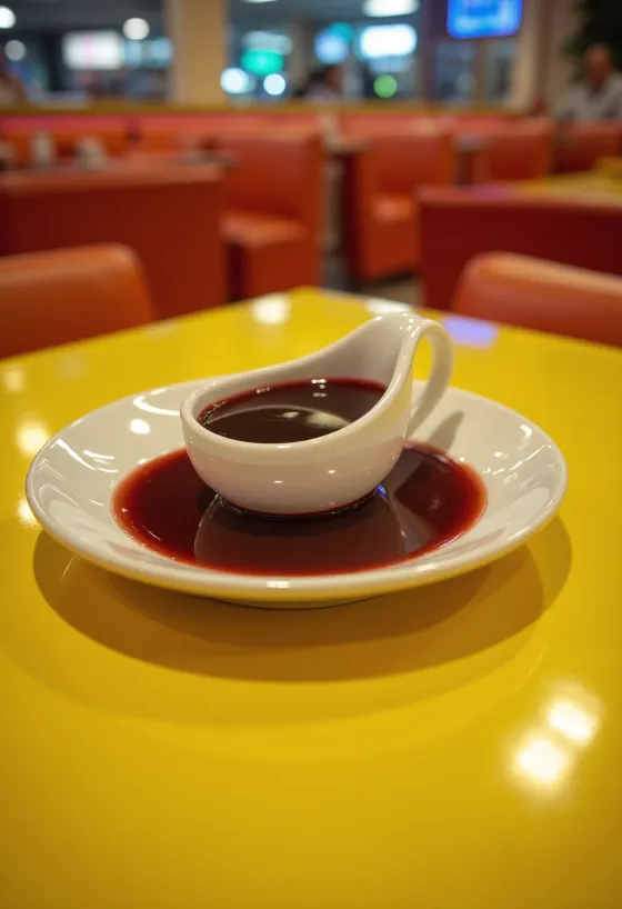 Соус из красного вина с апельсином в соуснике, украшенный свежим розмарином и апельсиновой цедрой.