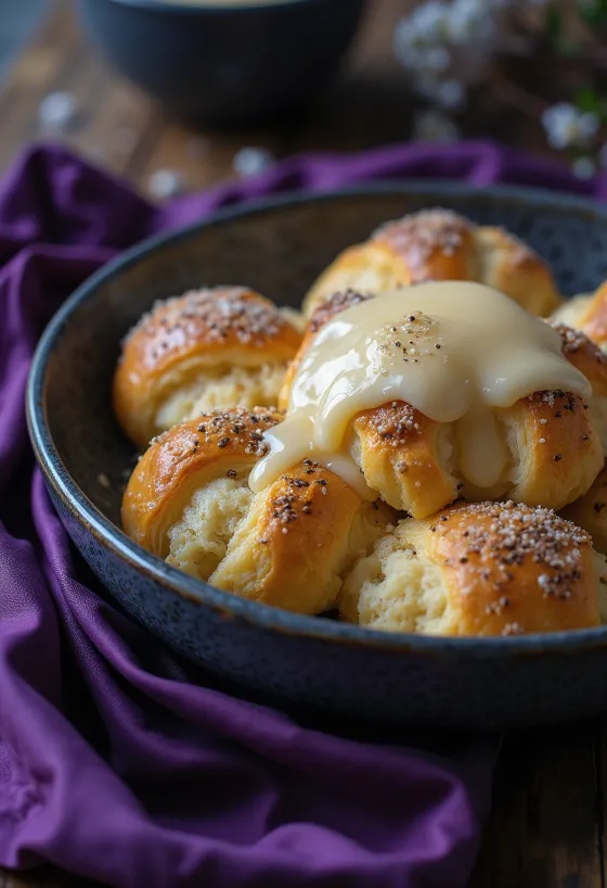 Макош губа, посыпанная сахарной пудрой, поданная с ванильным соусом