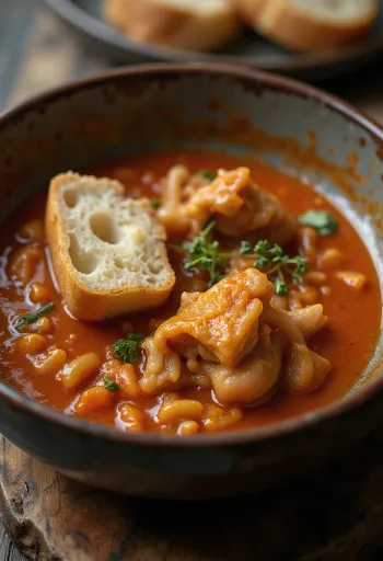 Перкельт из рубца с сочным, пряным соусом, поданный со свежей хлебом