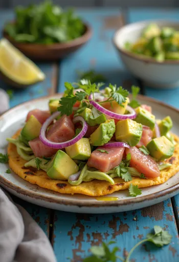 Тостада с тунцом, поданная с авокадо и свежим кориандром