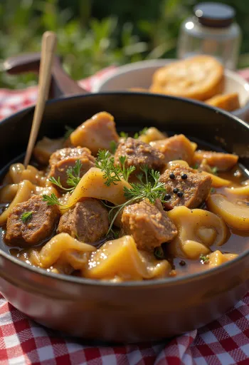 Карельское жаркое подается с отварным картофелем