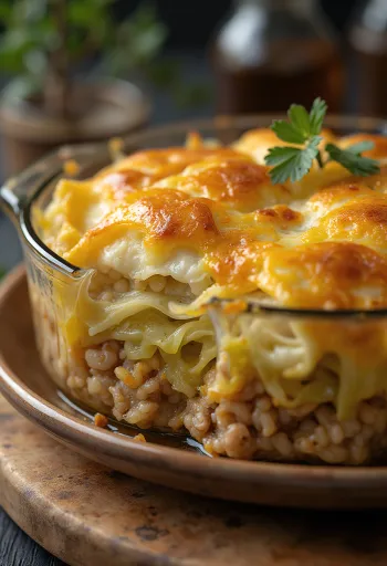 Запеканка из савойской капусты с фаршем и рисом, запеченная со сметаной