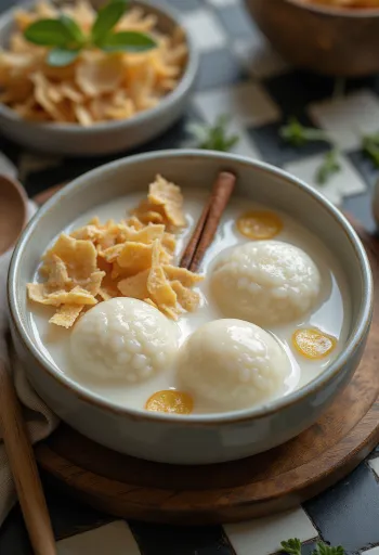 Кокосовые Танъюань, поданные со свежей кокосовой стружкой и кунжутным маслом