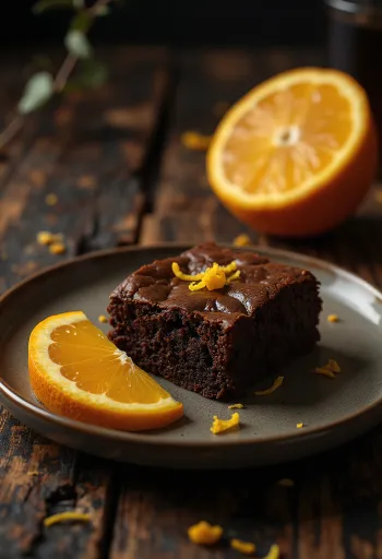 Апельсиновый брауни на десертной тарелке