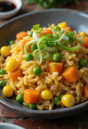 Веганский жареный рис с овощами, свежеподанный в воке.