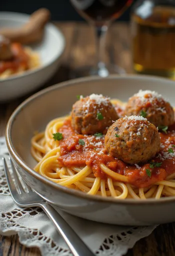 Спагетти болоньезе с фрикадельками, посыпанные пармезаном