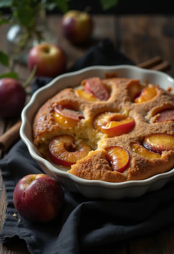 Коричный сливовый пирог, поданный с сахарной пудрой и корицей