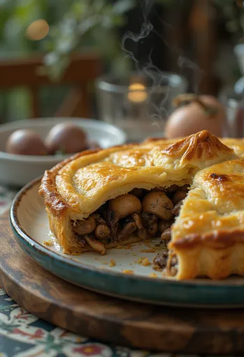 Пирог с голубем, поданный с золотистой корочкой.