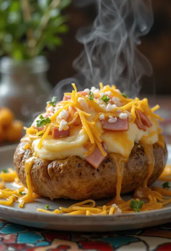 Фаршированный картофель, запеченный с сыром, ветчиной и овощами