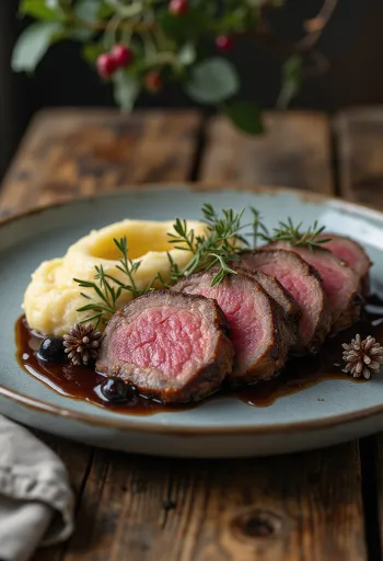 Корейка оленя с можжевеловым соусом, поданная с запеченными овощами