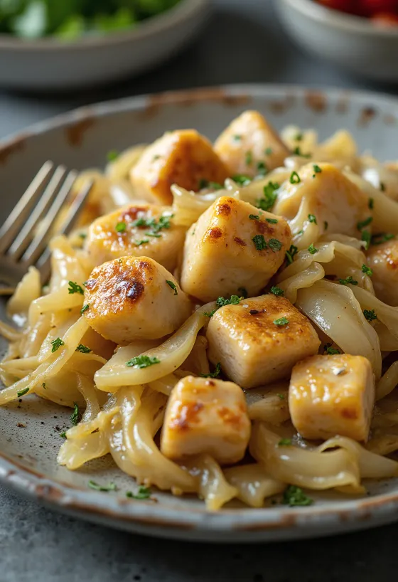 Куриная грудка с тушеной капустой, сервировка