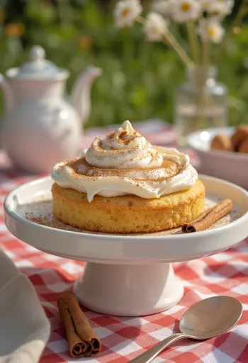 Коричный торт со взбитыми сливками, посыпанный корицей