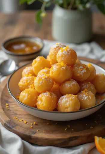 Лукумадес с апельсиновой цедрой, пончики, поданные с медом и сахарной пудрой