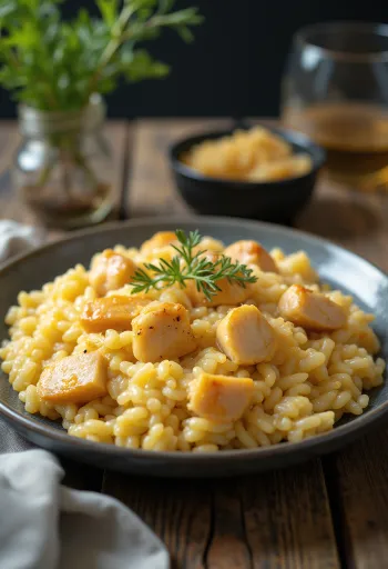 Ризотто с курицей, поданное с пармезаном и свежей петрушкой