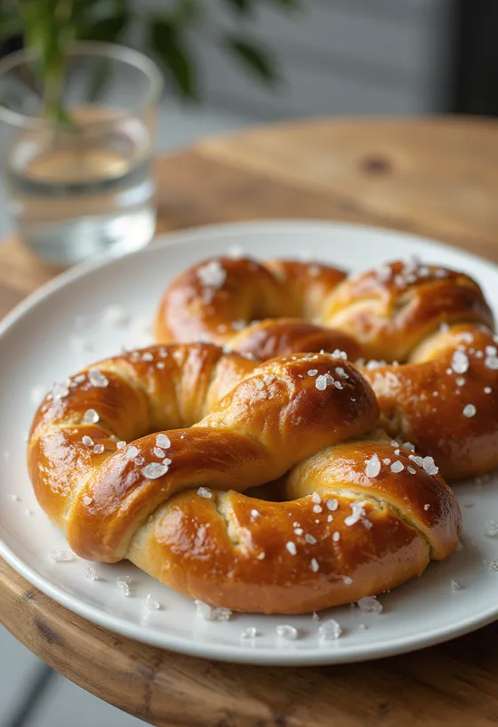 Свежеиспеченные веганские брецели, поданные на деревенской деревянной доске