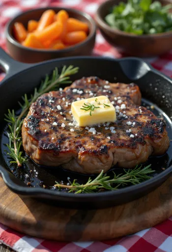 Стейк из яка, поданный с жареными овощами и свежим розмарином