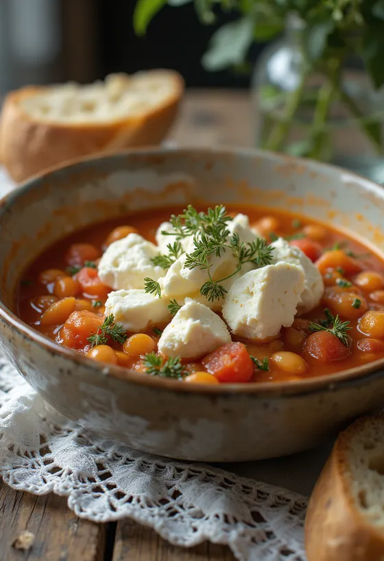 Фасолада с сыром фета, фасолевый суп, поданный со свежим оливковым маслом